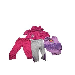 Lot of 4 Baby Girl Size 6-9M Polka Dot Jacket Dora Bodysuit & Pants Purple Pink